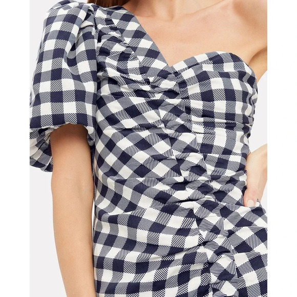 Jonathan Simkhai Lux Twill One-Shoulder Gingham Dress Navy Size 8 - Picture 4 of 10